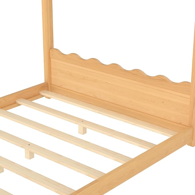 Full Size Wooden House Floor Bed - Kids Bed Frame with Roof & Support Slats for Bedroom, No Box Spring Needed, Easy Assembly (Natural)