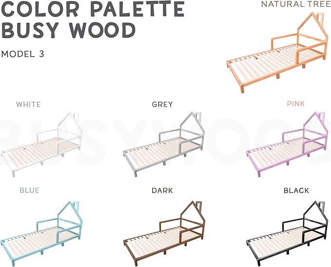 BUSY WOOD Montessori Bed for Toddlers - Twin Bed for Toddlers - Full Bed Floor - Bed with Rails - Montessori Bed - House Bed Frame - Montessori Full Size Bed Frame - Toddler Bed Queen (Model 3)