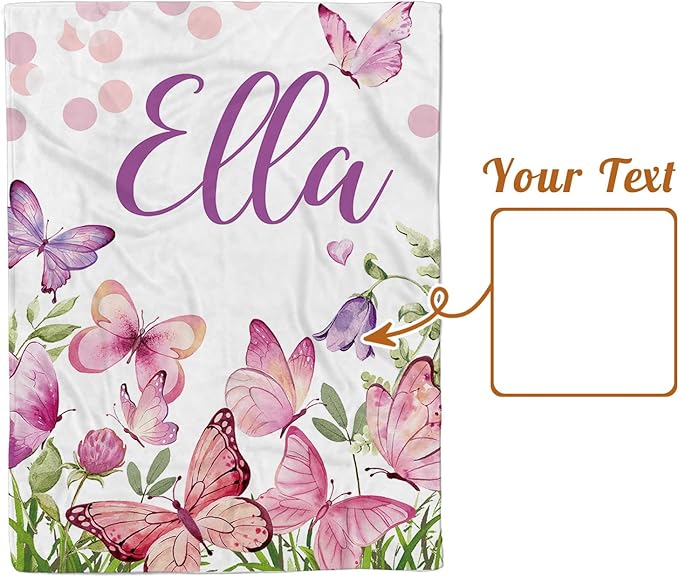 Personalized Baby Blanket for Girls, Custom Name Blanket for Newborn New Mom, Soft Flannel with Double Layer Dotted Backing, Ideal Gifts for Baby Shower Christmas Birthday, Butterfly(30”x40)
