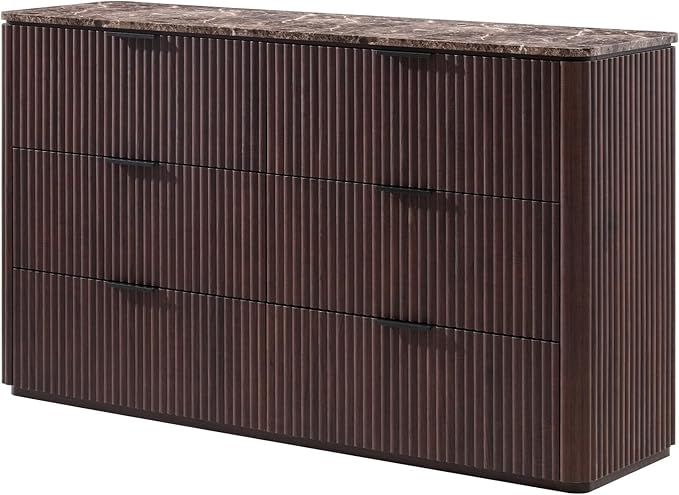 Fluted 6 Drawer Dresser for Bedroom, 54.5" Wide Modern Chest of Drawers with Faux Marble Top, Curved Corners Design, Wooden Dresser TV Stand with Organizer Storage for Living Room, Dark Oak