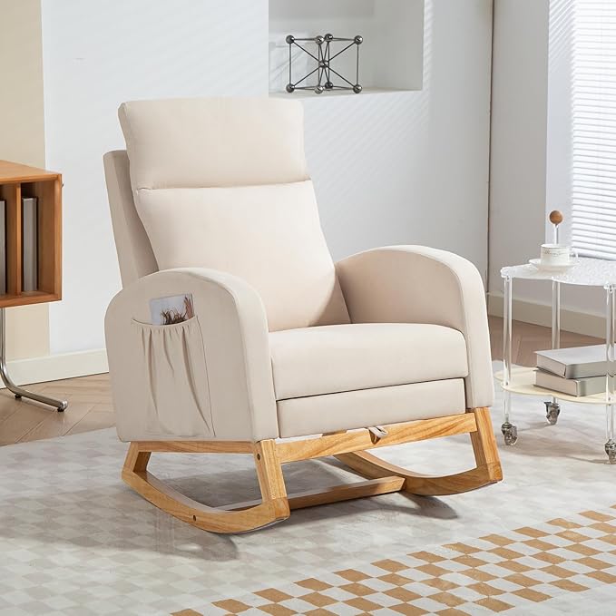Rocking Chair Nursery Glider Chair with Foot Rest, Nursery Rocking Chairs with Rubber Wood Legs Side Pocket, High Back Nursing Chair, Accent Rocker Arm Chair Baby Bedroom, Living Room, Beige