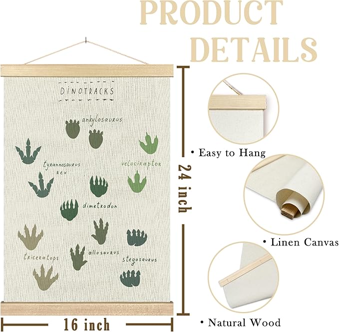 BCUANGD Dinosaur Dino Paws Wall Decor - Baby Toddler Boys Room Wall Art Poster Hanger with Wood Frames, Inspirational Hanging Canvas Decor for Kids Room Playroom Nursery Bedroom, 16x24 Inches