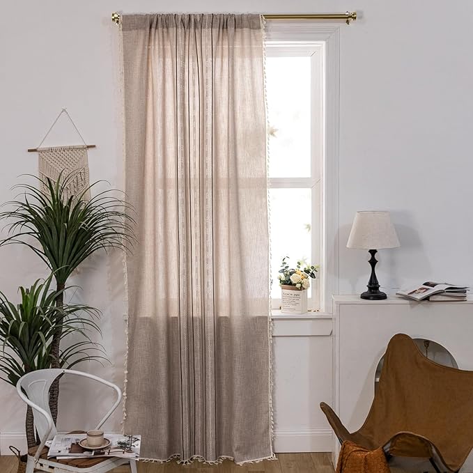 Deeprove Boho Style Curtains 84 inches Long, Vintage Bohemian Embroidery Striped Farmhouse Cotton Linen Fringe Window Treatments Bedroom Living Room Nursery, W52 x L84, 1 Panel Khaki and Brown
