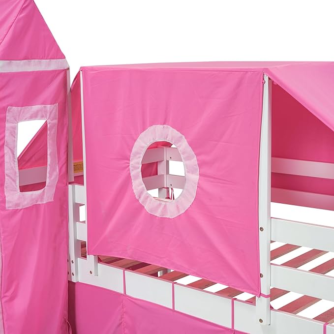 Playhouse Twin Size Low Loft Bed with Slide & Tent and Tower, Solid Wood Tent Bed Frame with Storage Staircase for Kids Teens Boys Girls, Versatile Spacious Under Bed Space with Curtains (Pink-TST)