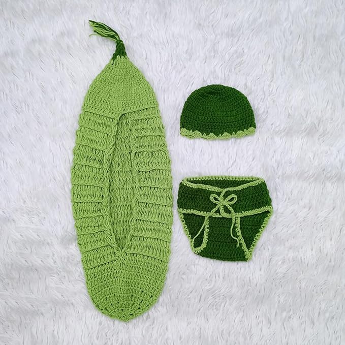 3Pcs Baby Photo Shoots Costume Set Green Bean Shaped Sleep Bag With Hat And Diaper Shorts For Newborns 0-3 Months Infant