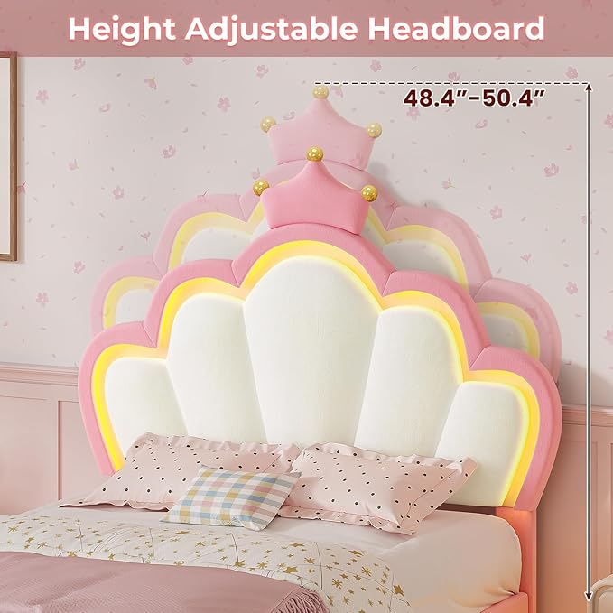 BTHFST Twin Size Bed Frame with LED Lights, Girls Twin Bed with Princess Crown, LED Velvet Upholstered Platform Bed Frame with Adjustable Headboard, No Box Spring Needed, Pink