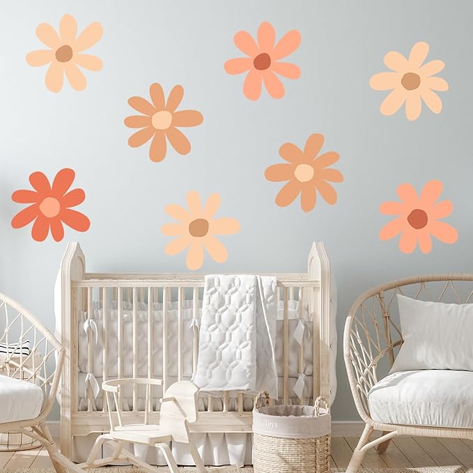 TaoBary 12 Sheets Daisy Wall Decal Flower Wall Sticker Cute Daisy Sticker Pink White Flower Decal Peel and Stick Floral Wallpaper for Nursery Bedroom Home Decor(Orange,Colorful Classic Style)