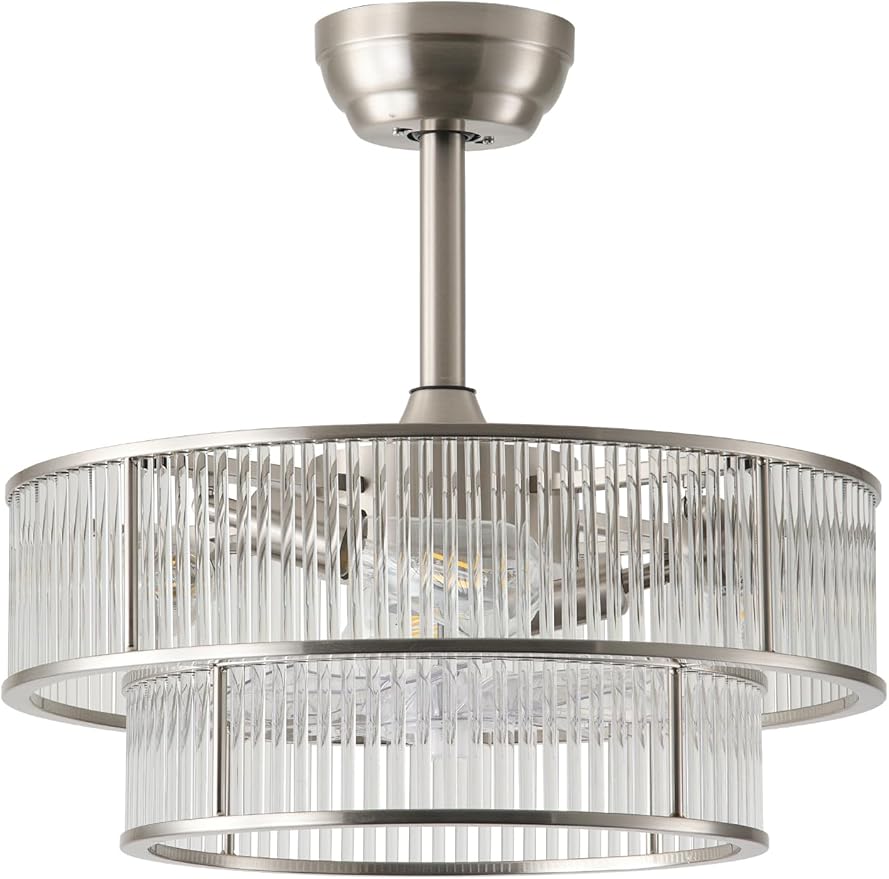 Silver Fandelier Ceiling Fans with Lights, 20" Silver Crystal Chandelier Ceiling Fan with Light Remote Control, Caged Mid Century with 6 Speeds for Bedroom, Living Room, Nursery