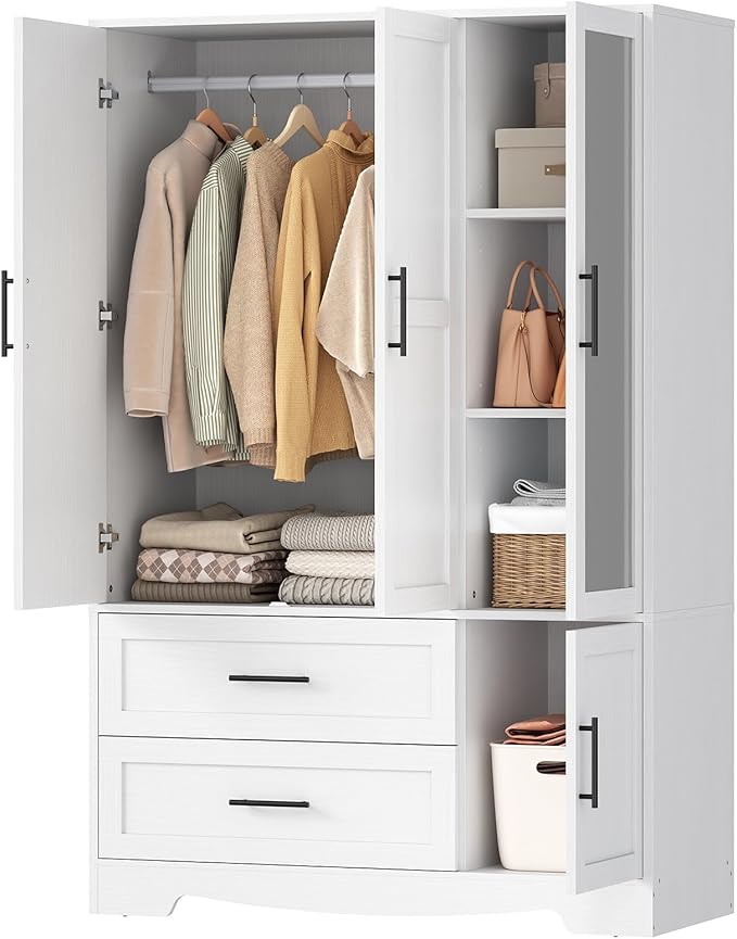 HOOBRO Armoire Wardrobe Closet with Mirror, Wooden Wardrobe Closet with 4 Doors and 2 Drawers, 70.9" Bedroom Armoire with Hanging Rod for Bedroom, Clothing Storage Closets, Adjustable Shelves, White
