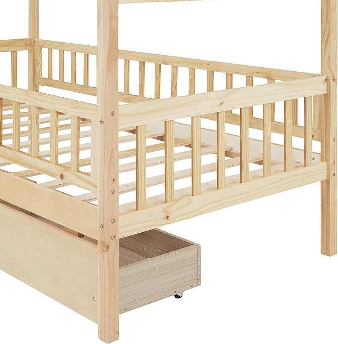 Aoowow Twin Size House Bed with Storage Drawers,Kids Wooden Bed Frame Twin House Bed with Slats and Fence for Boys Girls Teens for Bedroom(Natural)