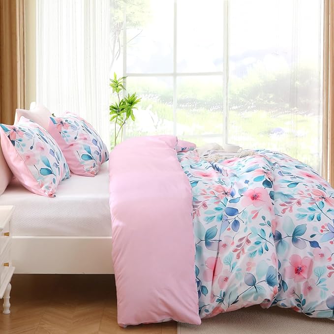 Duvet Cover King Size, Reversible Floral Vintage Duvet Cover Set with Zipper Closure, 3 Pieces Botanical Patterns Soft Microfiber Bedding Set (90"x104", 2 Pillow Cases 20"×36", Pink Blue Branch)
