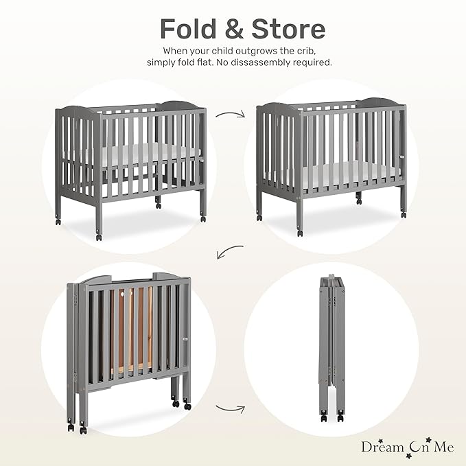Dream On Me 2-in-1 Folding Portable Compact Mini Baby Crib in Steel Grey, GreenGuard Gold & JPMA, US Patented Flat Folding System, Locking Wheels, 1″ Mattress Pad, Space-Saving Quck Fold Easy Storage