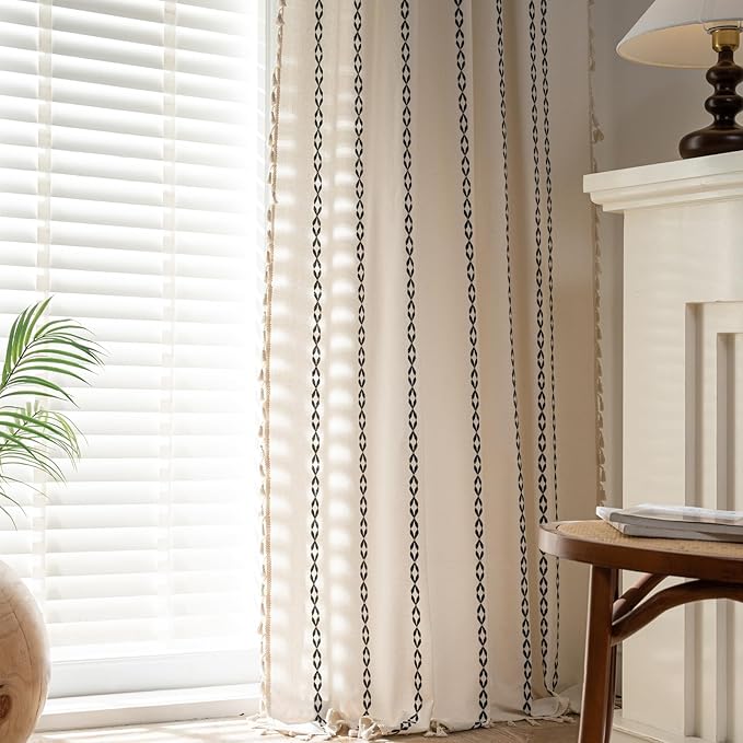 Deeprove White and Black Boho Curtains 63 inches Length for Living Room Bedroom Nursery, Aztec Chic Bohemian 63 inches Long Damask Stripe Embroidery Privacy Window Fringe Decor W52 x L63, 1 Panel