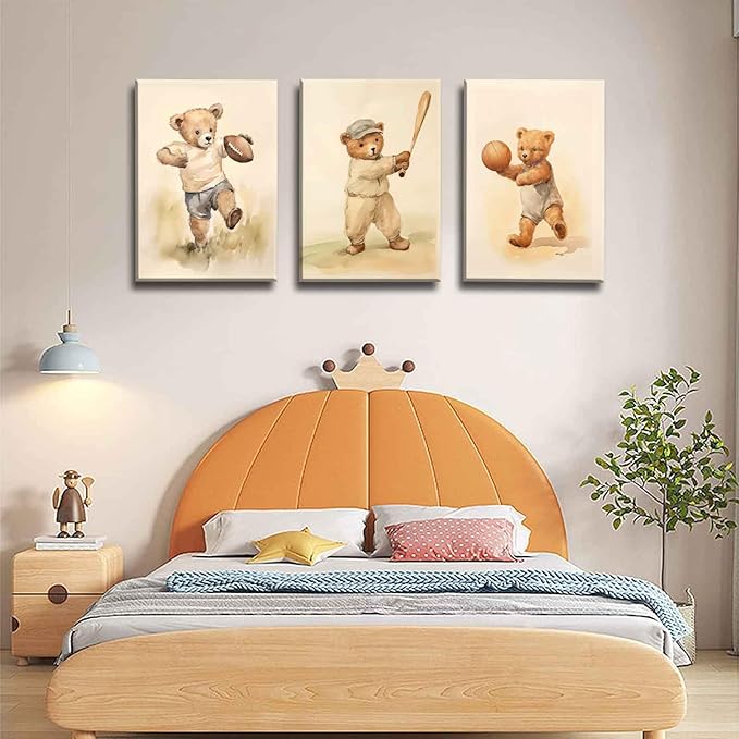 3Pcs Teddy Bear Sports Nursery Animal Canvas Wall Art Cute Woodland Baby Bear Rugby Wall Decor Pictures Football Basketball Baseball Kids Room Posters Prints for living Children Bedroom Decoration