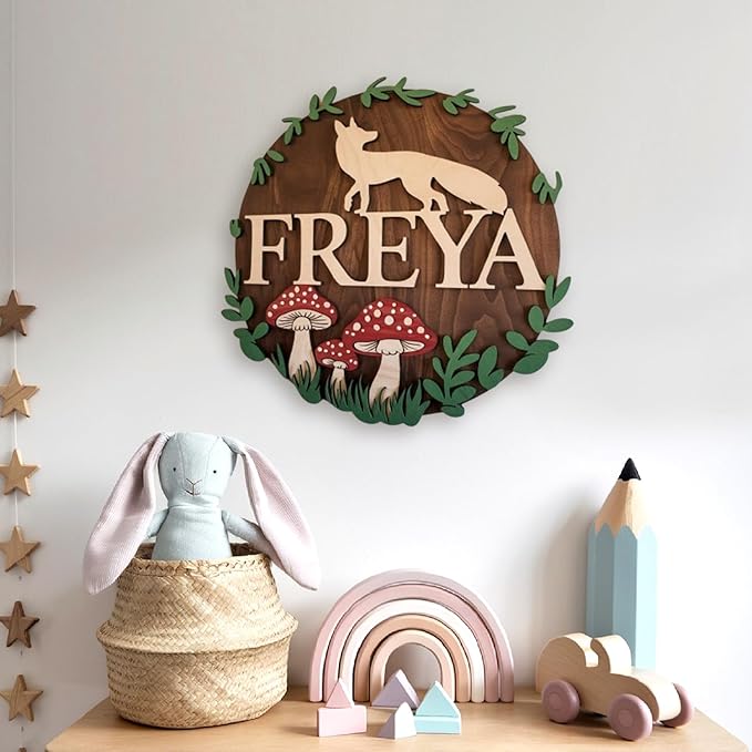 Personalized Nursery Sign, Animals Wooden Sign with Name, Hello World Newborn Sign, Fox Sign for Kid Room Decor, Baby Gifts for Boy, Custom Baby Name Sign, Baby Boy Wall Art Bedroom