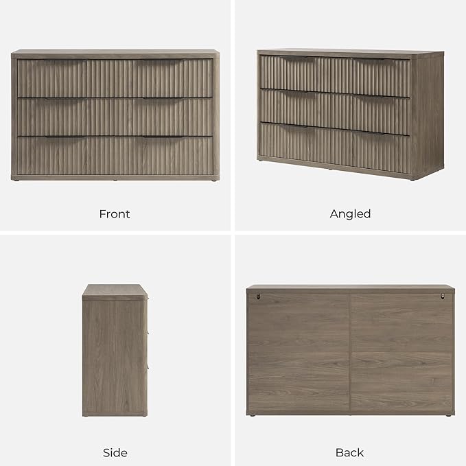 SICOTAS Dresser for Bedroom 53.5" Wide 6 Drawer Dressers & Chests of Drawers for Closet Long Large Modern TV Stand Set for Clothes Storage Fluted Clothes Closet for Hallway Entryway, Grey Alder