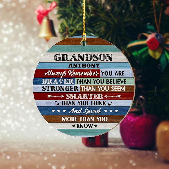 wowcugi Personalized Grandson Ornament for Christmas Tree Custom Inspirational Grandsons Wood Ornaments Xmas Tree Decorations Keepsake Gifts for Grandbaby from Grandparent Grandpa Grandma