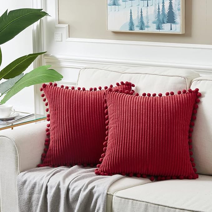 Fancy Homi Set of 2 Burgundy Decorative Throw Pillow Covers 14x14 Inch with Pom-poms for Couch Bed Sofa, Modern Farmhouse Boho Home Decor, Soft Plush Corduroy Cute Cushion Case 35x35 cm