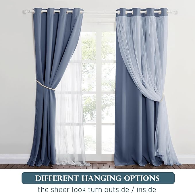 PONY DANCE Curtains for Living Room - Blackout Curtains and White Sheer Overlay Light Blocking Grommet Drapes for Bedroom Kids Room Darkening with Tiebacks, (52x84 inches, Blue Haze, 2 Pieces)