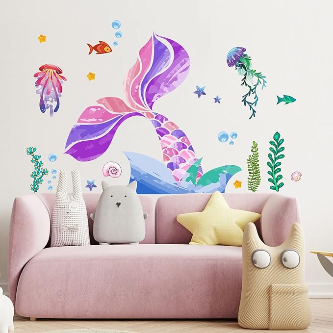 LiveGallery Removable 3D Under The Sea Rainbow Colorful Mermaid Tail Blisters Wall Sticker DIY Ocean Fish Jellyfish Seaweed Wall Decal Decor for Kids Girls Princess Room Bedroom Living Room