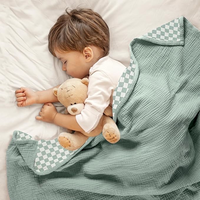 lulumoon Checkered Baby Blankets for Boys: Muslin Cotton Toddler Blanket for Daycare - Soft Lightweight for Nursery Stroller 47"× 47"(Sage Checkered)