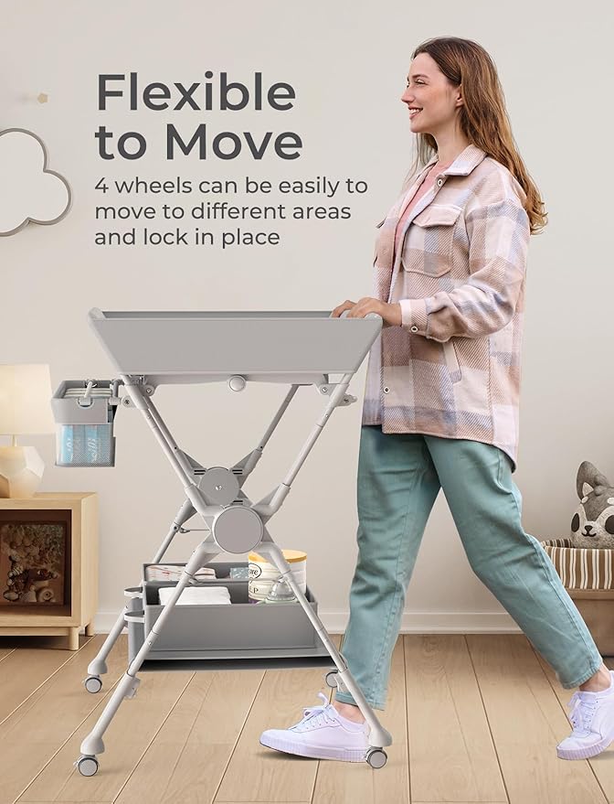 Baby Changing Table with Heating Function, Portable Folding Changing Table with Wheels, Waterproof Diaper Changing Station with 2 Drawers, Adjustable Height, Baby Changing Station for Infant, Newborn