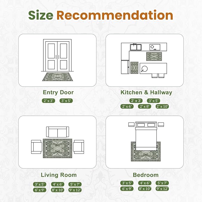 AMTOVO 2x3 Washable Entryway Area Rug Door Mat, Vintage Boho Distressed Print Pattern Non-Slip Carpet, Small Throw Rug for Indoor Entrance Kitchen Bedroom Bathroom Laundry Floor, Dark Green