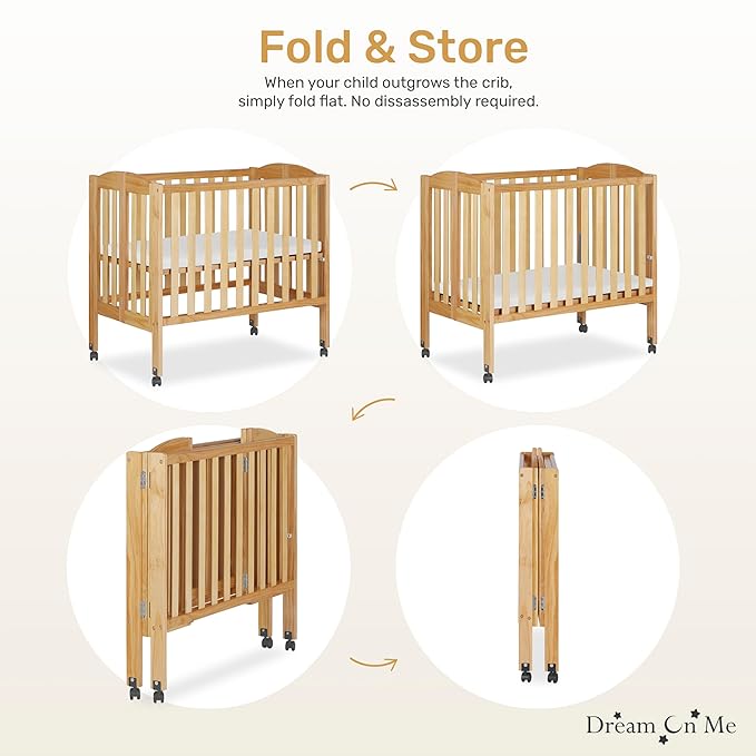 Dream On Me 2-in-1 Folding Portable Compact Mini Baby Crib in Natural, GreenGuard Gold & JPMA, US Patented Flat Folding System, Locking Wheels, 1″ Mattress Pad, Space-Saving Quick Fold Easy Storage