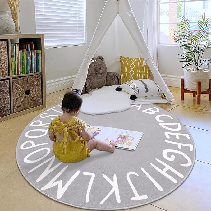 LIVEBOX ABC Play Room Round Rug for Kids Bedroom, Alphabet Area Rug Circle Washable Rug for Playroom Classroom Tent, Non-Slip Crawling Mat Circular Learning Carpet for Teen Boys and Girls (59",Grey)