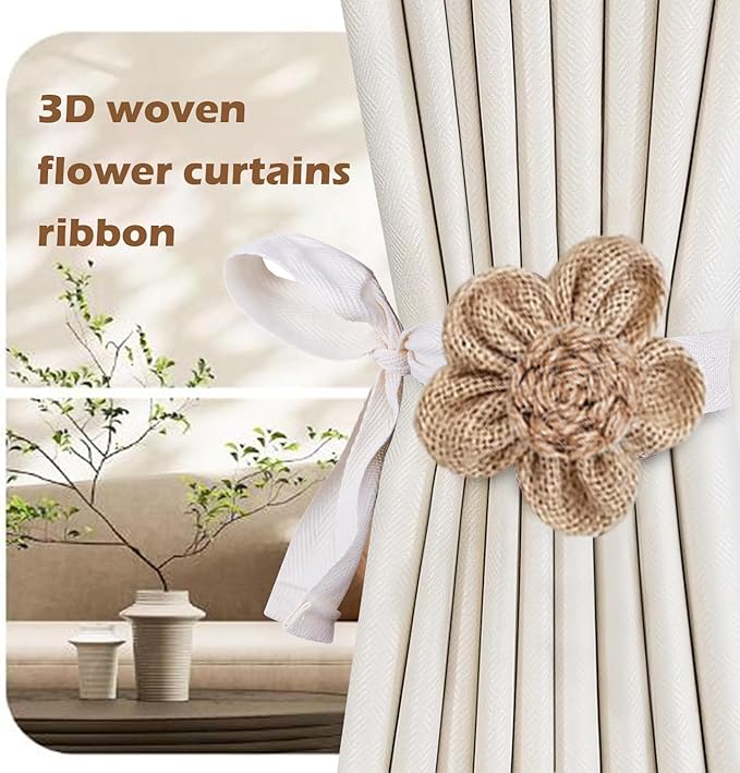 SRG 4pcs Handmade Rope Curtain Tiebacks | Boho Flower Curtain Holdbacks | Simple Elegant Sunflower Curtain Holders | Boho Bedroom Decor(Cream&Khaki)
