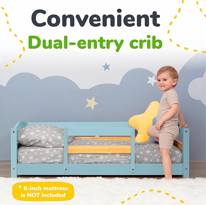 Ocodile Toddler Bed with Rails | Low Montessori Floor Bed Frame for Kids | Standard Crib Size Wooden Frame for Independent Toddlers 1-3 - Varnished