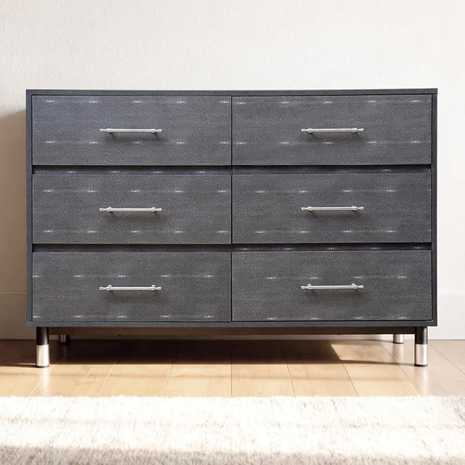 Grey Dresser for Bedroom, 6 Drawer Wood Dresser with Modern Storage Organizer, Wide Chest of Drawers for Clothes, Closet, Living Room