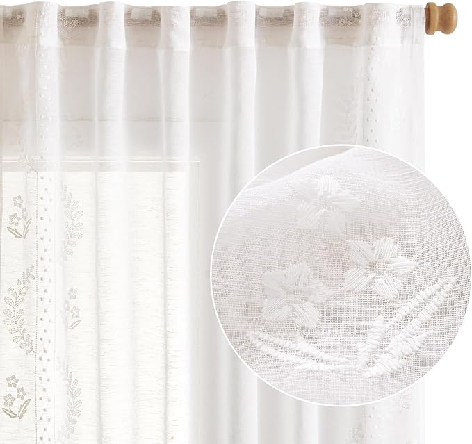 jinchan Belrose Linen Sheer Curtains for Living Room 84 Inch Length Sheer Voile Embroidered Floral Curtains for Bedroom Light Filtering Rod Pocket Window Treatments Farmhouse Decor 2 Panels White