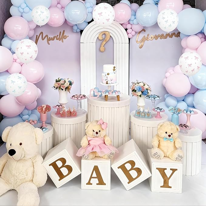 Pink and Blue Balloons, 60PCS 12 Inch Pastel Baby Pink and Blue Gender Reveal Balloons Bow Print Balloon for Boy or Girl Gender Reveal Decorations Bear Bow Baby Shower Party Decoration