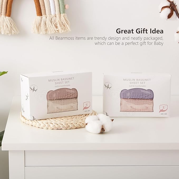Bearmoss Bassinet Sheets - 2 Pack Muslin Cotton Bassinet Sheets Fits Oval and Rectangle Bassinet Mattress, Breathable and Skin-Friendly for Baby Boy and Girl (Cream&Sand)