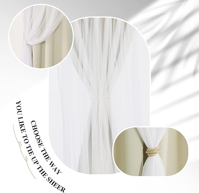 PONY DANCE Double-Layered Curtains - Blackout Curtains 63 Inch Length, Grommet Top Design White Sheer Panels for Bedroom/Living Room (W52xL63, Beige, One Pair, with Free Tie-Backs)