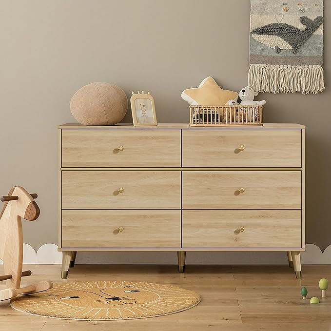 6 Drawer Dresser,47" Wide Mid Century Chest of Drawers,Wooden Bedroom Drawer Dresser with 6 Storage Drawers for Bedroom,Living Room,with Anti-Tipping Device,Wood