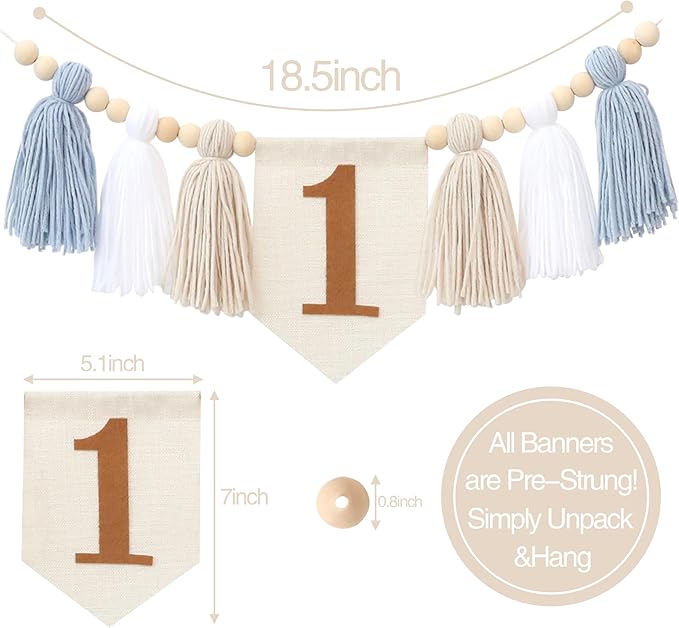 Boho Blue Handmade 1st Birthday High Chair Banner First Highchair Banner For Baby Boys Wild One Wall Hangings Wood Bead Tassel Garland 1 Birthday Party Decorations Photoshoot Props Photo Props