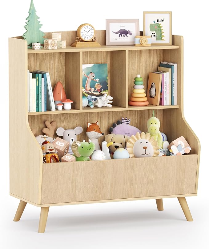 Curipeer Kids Bookshelf and Toy Storage, 3-Tier Wooden Bookcase, Baby Book and Toy Storage Display Organizer with Spacious Top Shelf for Children, Family, Natural Wood Color(Large Size)
