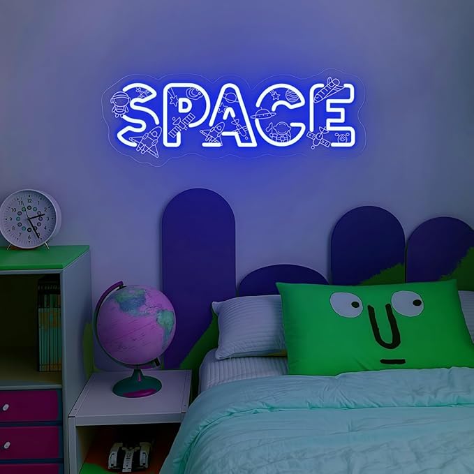 Custom SPACE Neon Sign, Space Theme LED Wall Light, Rocket Astronaut Planet Neon Decor, Cosmic Theme Light Art for Kids’ Bedroom, Nursery Decor, Children’s Play & Sleep Spaces 15.7″ × 5.9″