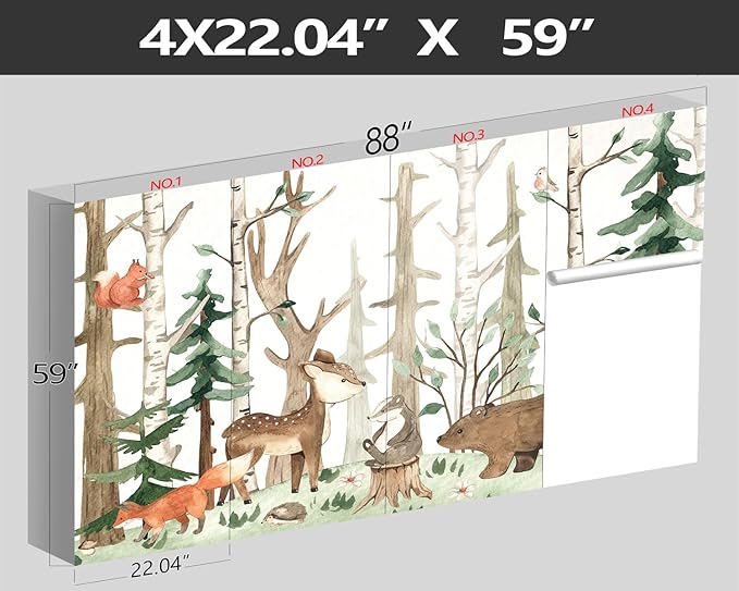 XMPMBM-Cartoon Hand-Painted Animals Woodland Nursery Room Fabric Wallpaper Graffiti Pine Forest Kids Gaming Room Wall Mural-W 88" X H 59"(36 Square Foot)