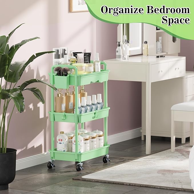 3-Tier Rolling Cart with Drawer & Lockable Wheels, Bathroom Storage Organizer Multifunctional Rolling Storage Cart for Bathroom, Kitchen, Office, Craft, Makeup, Baby Essentials, Green