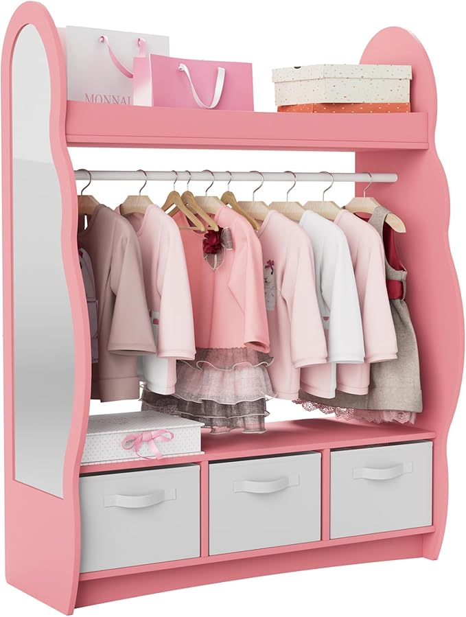 Kids Dress Up Storage Rack Mirror Wood Child Wardrobe 2 Hooks 2 Fabric Bins Toddler Closet Girls Boys Open Hanging Armoire Storage Shelf Coat Costume Hat Shoe (Cloud+Pink+Three Drawers)