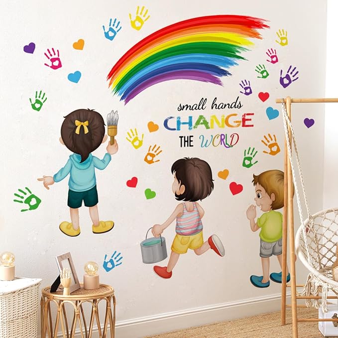 Inspirational Quote Small Hands Change The World Wall Decals Rainbow Handprints Wall Stickers for School Classroom Kids Room Nursery Playroom Library Wall Decor