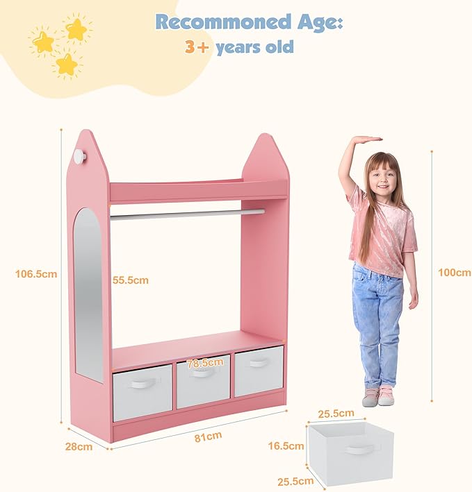 Kids Dress Up Storage Rack Mirror Wood Child Wardrobe 2 Hooks 2 Fabric Bins Toddler Closet Girls Boys Open Hanging Armoire Storage Shelf Coat Costume Hat Shoe (Pink/Rocket/Three Drawers)