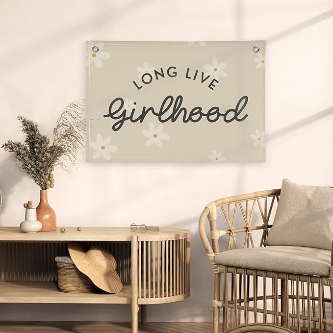 Boho Girls Room Decor,Long Live Girlhood Linen Banner Hanging Flag Flower Daisy Banner for Nursery Playroom Wall Decor Kids Bedroom Dorm Toddler Decorations Trendy Room 30x20 girlroom