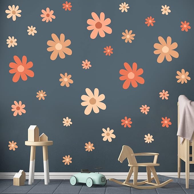 TaoBary 12 Sheets Daisy Wall Decal Flower Wall Sticker Cute Daisy Sticker Pink White Flower Decal Peel and Stick Floral Wallpaper for Nursery Bedroom Home Decor(Orange,Colorful Style)