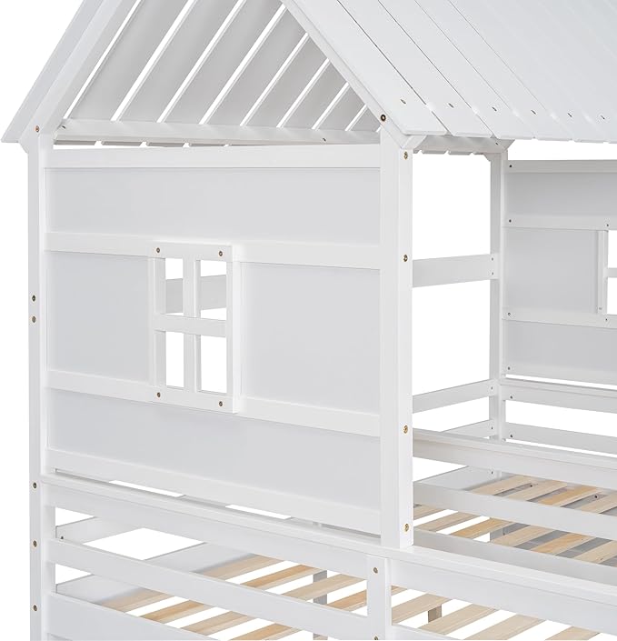 P PURLOVE Double Shared Bed,Two Twin Size House Platform Beds with Drawers for Boy and Girl, House Bed Frame Combination of 2 Side by Side Twin Size,White