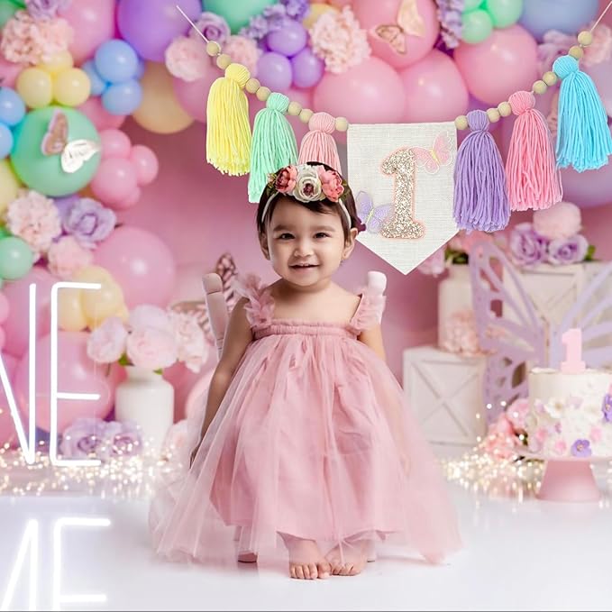Handmade Macaron 1st Birthday High Chair Banner with Butterflies First Highchair Banner For Baby Girls 1 Birthday Party Decorations Wood Bead Tassel Garland Princess Boho Butterfly Colorful Photo Props
