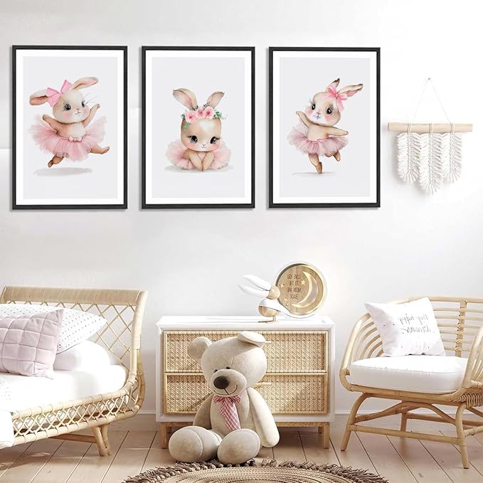 3 Pcs Pink Bunny Wall Art for Nursery Baby Room Cute Posters Prints Wall Decor Pictures Pink Preppy Dress Rabbit Ballet Artwork Canvas Paintings for Girls Room Bedroom Hone Decoration Unframed